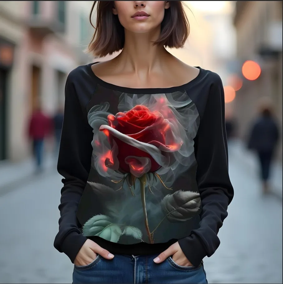 Світшот реглан з відкритими плечима в романтичному стилі з принтом "Квітка з вогню: листя