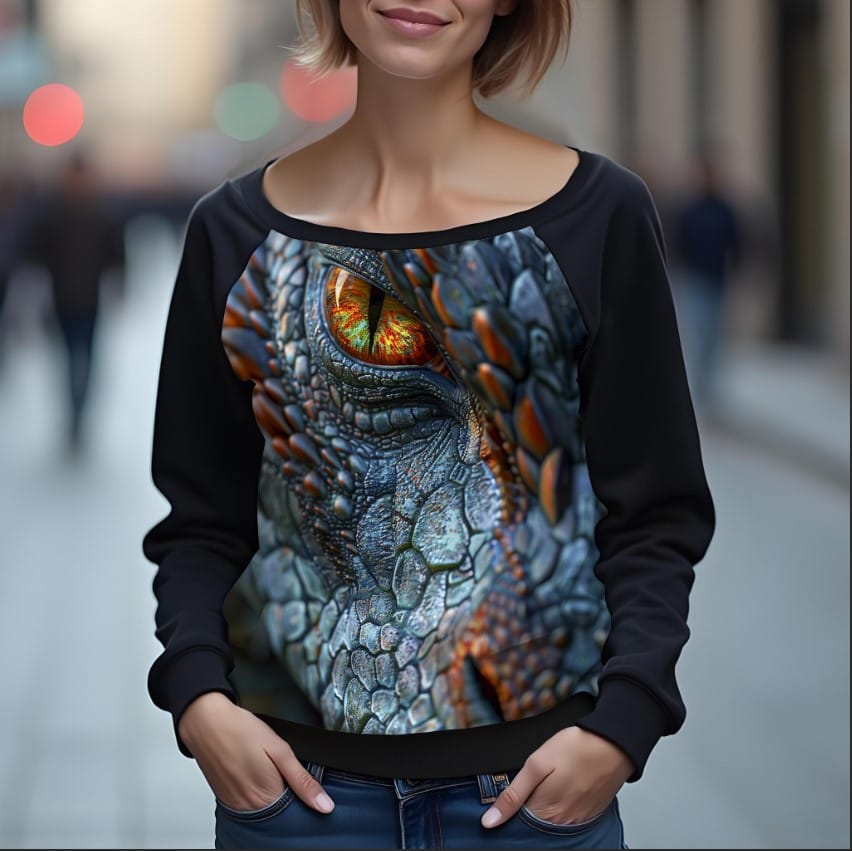 Світшот реглан з відкритими плечима в романтичному стилі з принтом "Морда дракона"