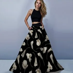 Костюм - спідниця максі довга та короткий топ Чорна з білими калами